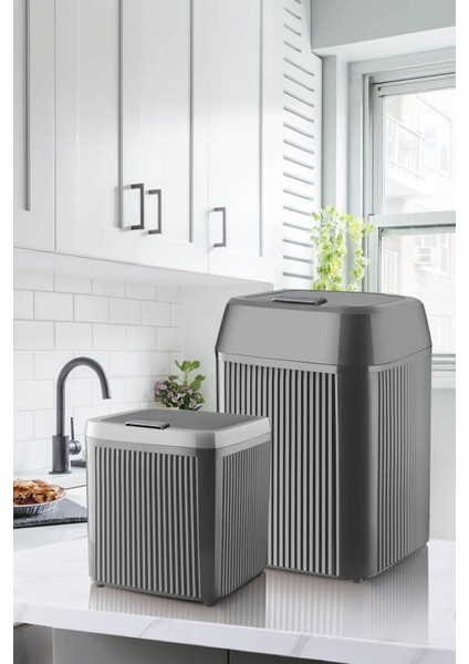 2'li Çizgili Kare Çöp Kovası 3.85 ve 12 Litre, Banyo ve Mutfak Için Manuel Kapak