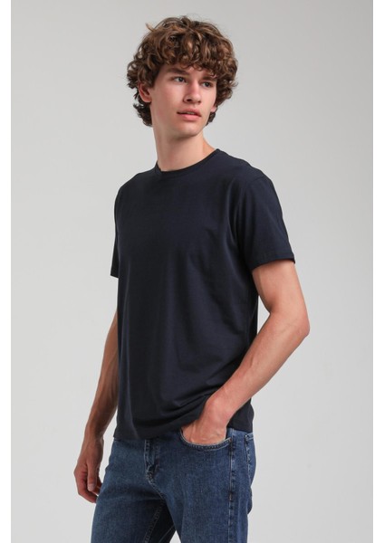 Bisiklet Yaka Lacivert Basic Likralı Slim Fit 24SSM20339 indirimleri