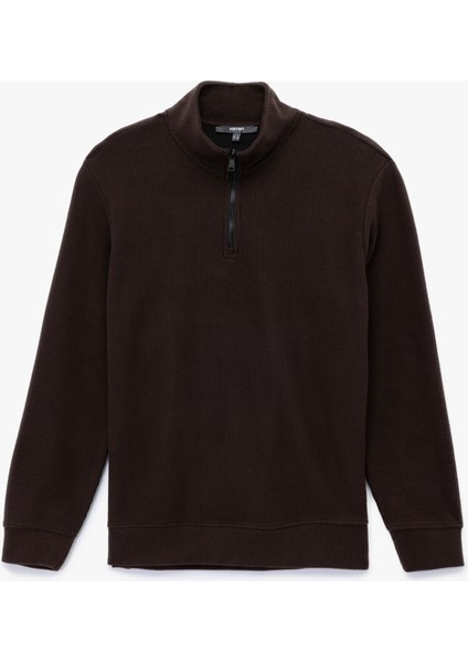 Uzun Kollu Ribanalı Yarım Fermuarlı Sweatshirt