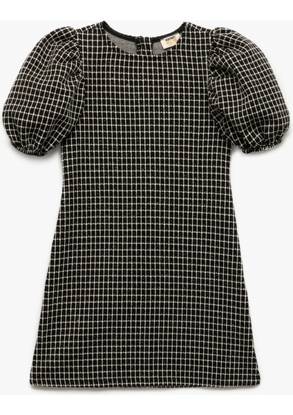 Kısa Kollu Bisiklet Yaka Balon Kollu Sim Detaylı Tüvit Elbise