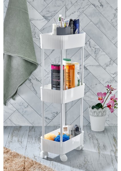 3 Katlı Tekerlekli Çok Amaçlı Raf, Banyo ve Mutfak Düzenleyici, Beyaz