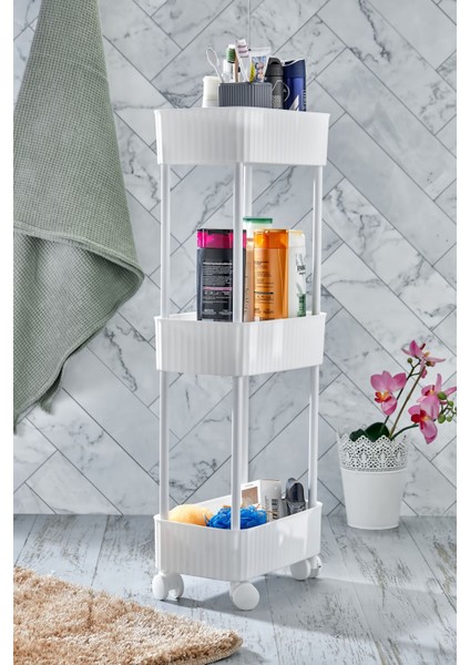 3 Katlı Tekerlekli Çok Amaçlı Raf, Banyo ve Mutfak Düzenleyici, Beyaz fiyatları