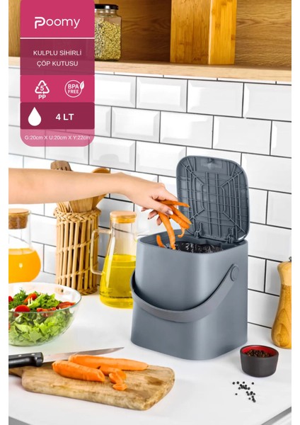 Kapaklı, Tutma Saplı, Iç Kovalı, Tezgah Üstü, 4 Lt Çöp Kovası, Antrasit Renk