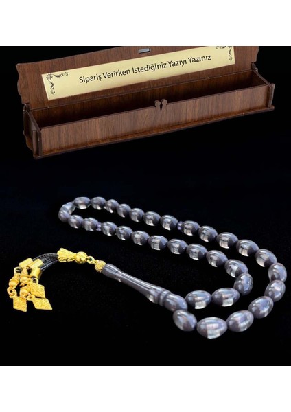 Sürmeli Gri Toz Kehribar Tesbih, Kehribar Hediyelik Ahşap Kutulu Tespih