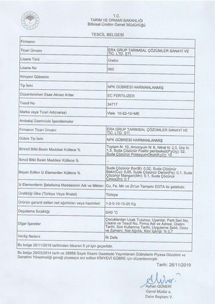 10-52-10 Npk Azot, Fosfor, Potasyum Bor, Demir, Mangan, Bakır, Çinko Içerikli Gübre 5kg fiyatları
