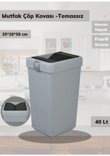 Gri 40 Litre Bas Çek Çöp Kutusu Mutfak ve Banyo Kullanımı