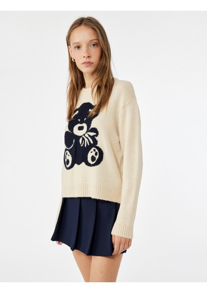 Ayıcık Işlemeli Uzun Kollu Bisiklet Yaka Triko Kazak