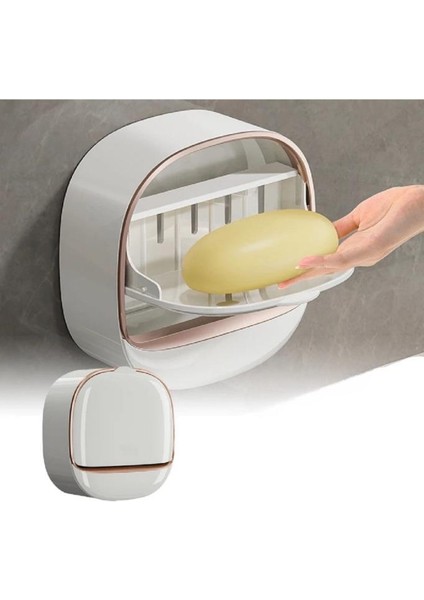 Kapaklı Oval Sabunluk Yapışkanlı Duvara Monte Banyo Mutfak Süngerlik Su Tutmaz Sabun Kutusu