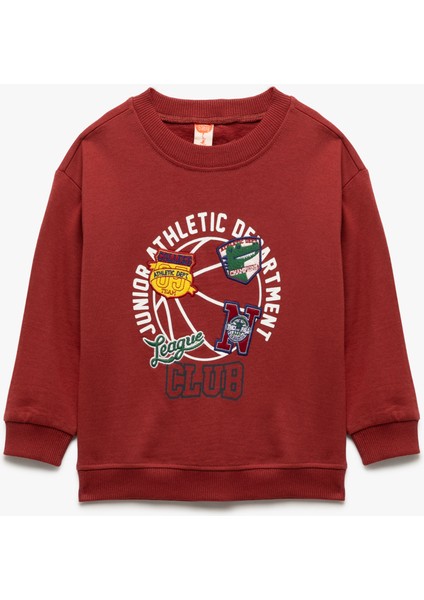 Şardonlu Uzun Kollu Bisiklet Yaka Pamuklu Baskılı Sweatshirt