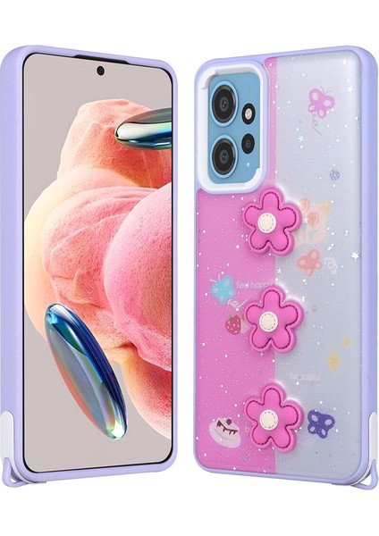 Xiaomi Redmi Note 12 4g Kılıf Parlayan Sıvılı Simli Kabartma Figürlü Scks Cevze Kapak-Mor Papatya