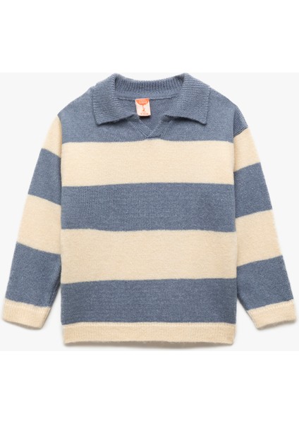 Uzun Kollu Çizgili Polo Yaka Triko Kazak