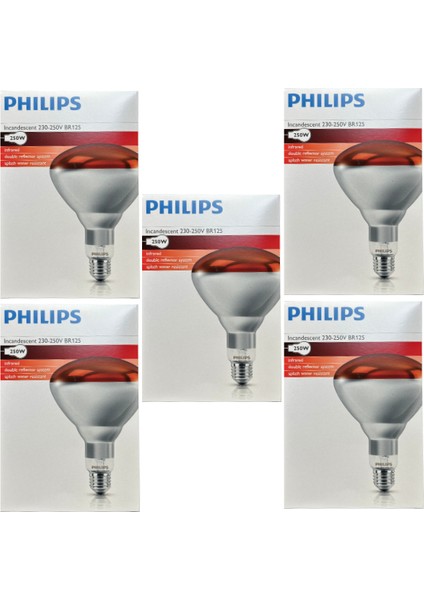 (5 adet) Philips 250W Kızılötesi (Infrared) Isıtıcılı Hayvan Isıtma ve Fizik Tedavi Lambası (Kırmızı Işık) E27 (Kalın Duy)