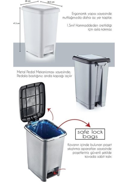 25 Litre Slim Pedallı Gri Plastik Çöp Kovası Siyah Kapak fiyatları
