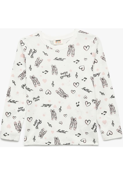 Pamuklu Uzun Kollu Bisiklet Yaka Bale Baskılı Tişört