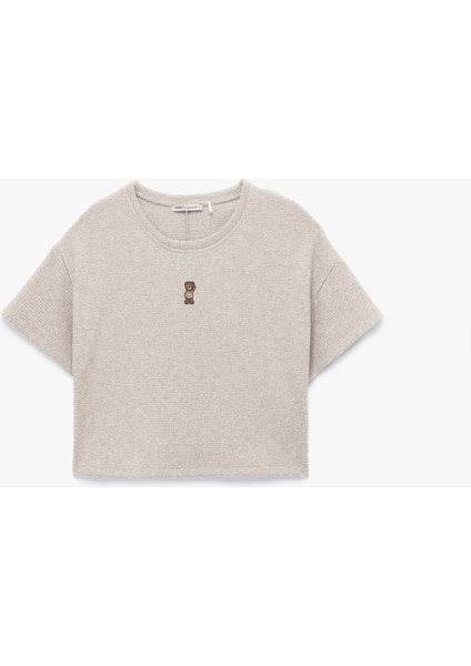 Rahat Kalıp Kısa Kollu Bisiklet Yaka Ayıcık Işleme Detaylı Pijama Üstü