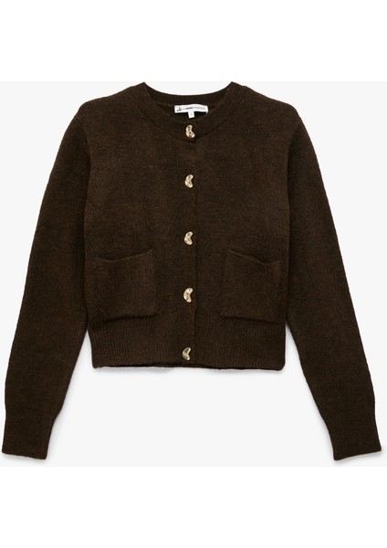 Uzun Kollu Bisiklet Yaka Cep Detaylı Düğmeli Hırka