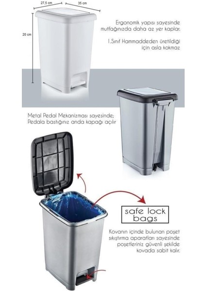 10 Lt Slim Pedallı Gri Plastik Çöp Kutusu Siyah Kapak fiyatları