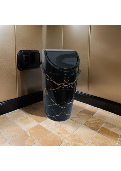 Şık Siyah Mermer Desenli 10 Lt. Kapaklı Dekoratif Çöp Kovası