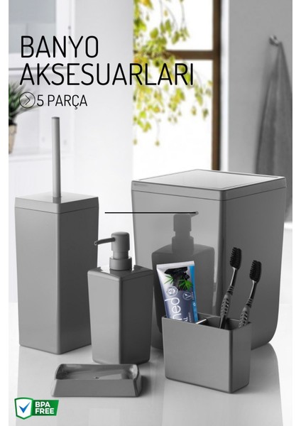 Modern 5 Parça Biga Banyo Seti, Gri, Şık ve Fonksiyonel Tasarım.