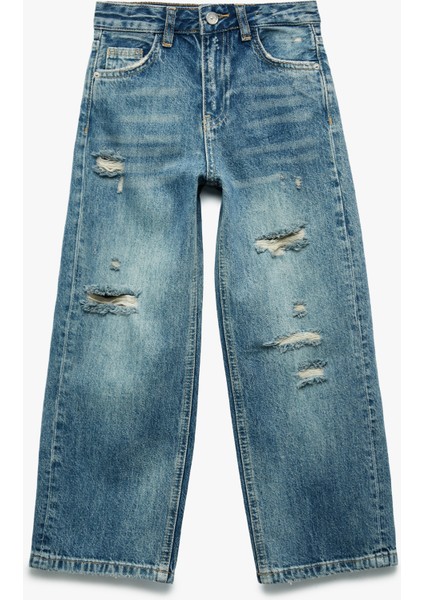 Pamuklu Yıpratma Detaylı Geniş Paça Denim Pantolon