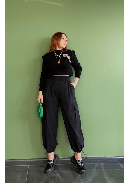 Yandan Cepli Paraşüt Pantolon Siyah