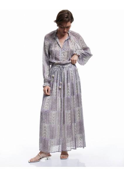 Astarlı Etnik Desenli Yüksek Beli Lastikli Bağlamalı Uzun Şifon Kloş Etek fiyatları