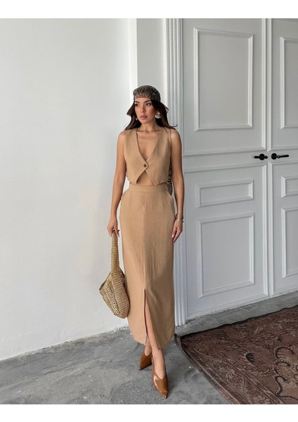 Keten Yelek Kalem Etek Takım