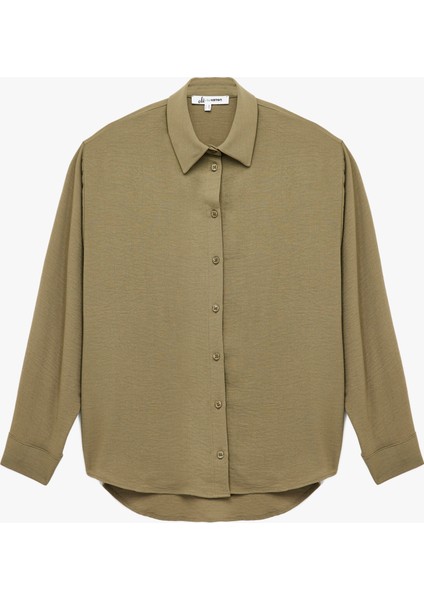 Aerobin Kumaş Düğmeli Klasik Yaka Uzun Kollu Oversize Gömlek