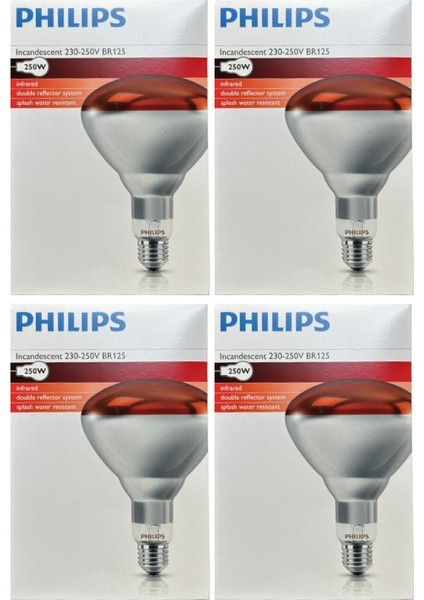 (4 adet) Philips 250W Kızılötesi (Infrared) Isıtıcılı Hayvan Isıtma ve Fizik Tedavi Lambası (Kırmızı Işık) E27 (Kalın Duy)