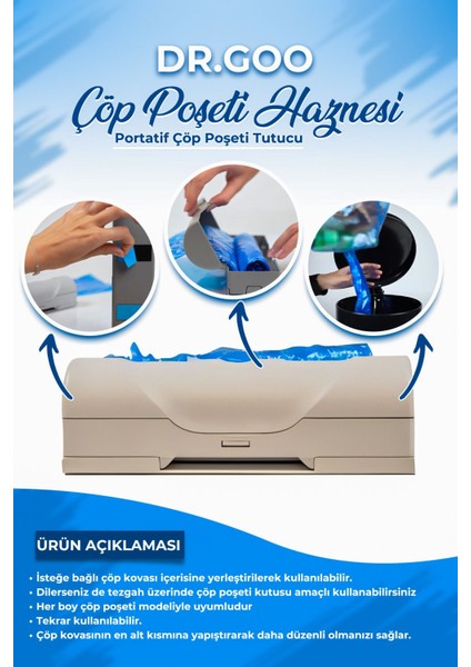 Pratik ve Şık Portatif Çöp Poşeti Tutucu, Gri Renkli ve Kullanışlı Tasarım