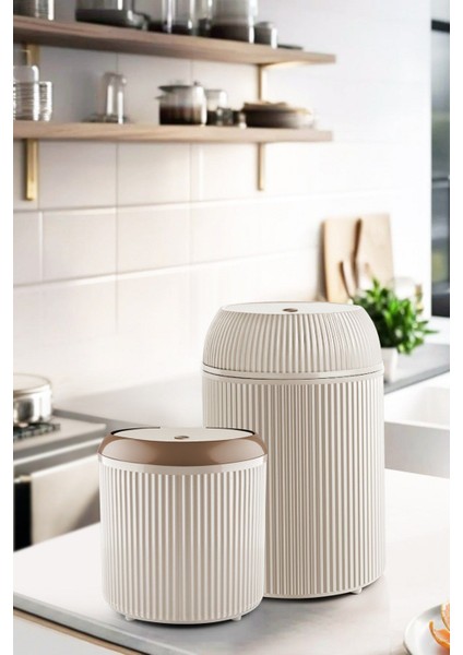 2'li Çizgili Yuvarlak Çöp Kovası 3.5l ve 10L, Banyo Mutfak Click Kapak