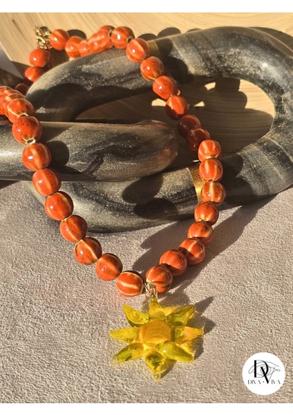 - Sole Di Fuoco Murano Cam Güneş Figür Kadın Kolye