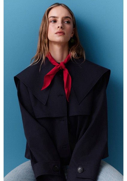 Geniş Yaka Gabardin Ceket Lacivert