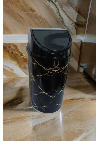 Şık Siyah Mermer Desenli 3l Kapaklı Çöp Kovası, 24X13 cm