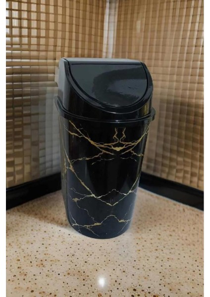 Şık Siyah Mermer Desenli 3l Kapaklı Çöp Kovası, 24X13 cm fiyatları