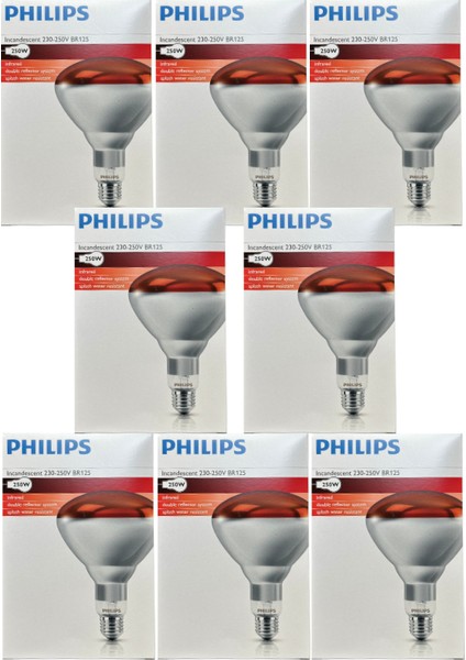 (8 Adet) Philips 250W Kızılötesi (Infrared) Isıtıcılı Hayvan Isıtma ve Fizik Tedavi Lambası (Kırmızı Işık) E27 (Kalın Duy)