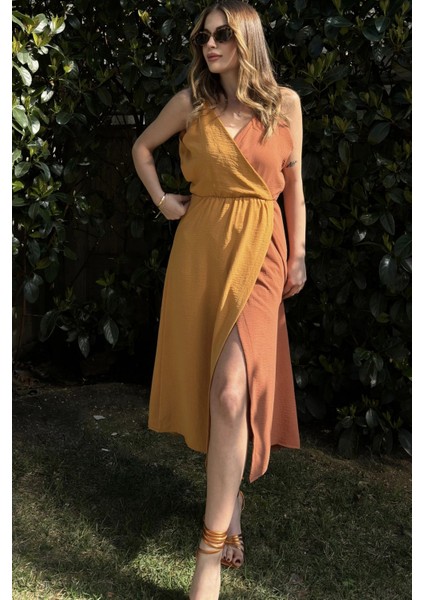 Kadın Hardal & Turuncu Color Block Kruvaze, Hasır Askı Detaylı, Yırtmaçlı, Uzun Airobin Elbise