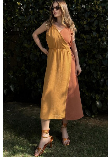 Kadın Hardal & Turuncu Color Block Kruvaze, Hasır Askı Detaylı, Yırtmaçlı, Uzun Airobin Elbise fiyatları