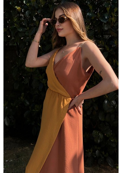 Kadın Hardal & Turuncu Color Block Kruvaze, Hasır Askı Detaylı, Yırtmaçlı, Uzun Airobin Elbise modelleri
