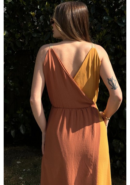 Kadın Hardal & Turuncu Color Block Kruvaze, Hasır Askı Detaylı, Yırtmaçlı, Uzun Airobin Elbise fırsatları