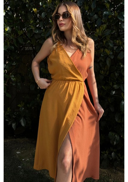 Kadın Hardal & Turuncu Color Block Kruvaze, Hasır Askı Detaylı, Yırtmaçlı, Uzun Airobin Elbise indirimleri