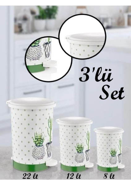 3'lü Kaktüs Desenli Pedallı Çöp Kovası, 8/12/22 Litre, Yeşil Renk