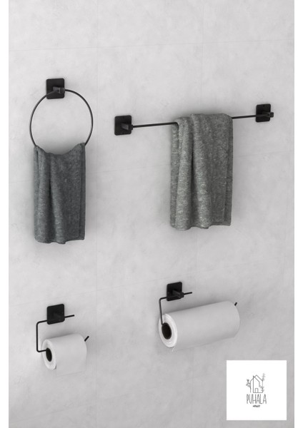 Siyah 4'lü Yapışkanlı Banyo Seti, Uzun ve Yuvarlak Havluluk, Kağıt Tutucu