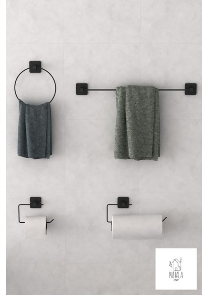 Siyah 4'lü Yapışkanlı Banyo Seti, Uzun ve Yuvarlak Havluluk, Kağıt Tutucu fiyatları