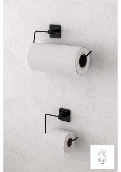 Siyah 4'lü Yapışkanlı Banyo Seti, Uzun ve Yuvarlak Havluluk, Kağıt Tutucu fırsatları