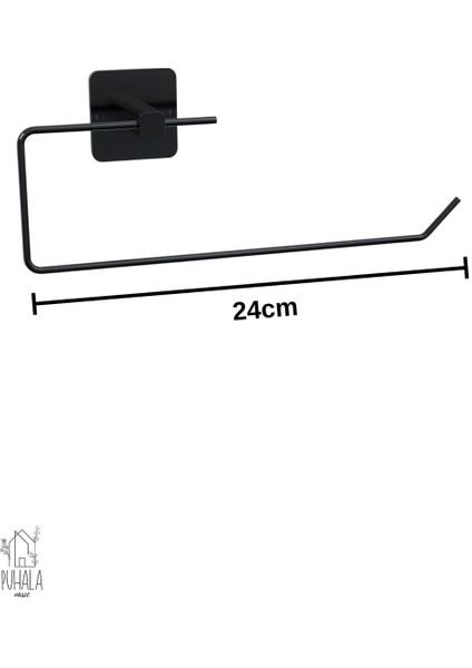 Siyah 4'lü Yapışkanlı Banyo Seti, Uzun ve Yuvarlak Havluluk, Kağıt Tutucu