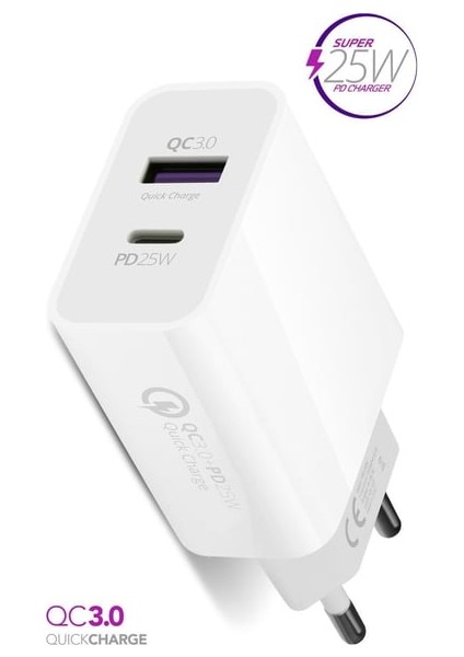 25W- USB ve Taype-C Çift Girişli Hızlı Şarj Adaptörü