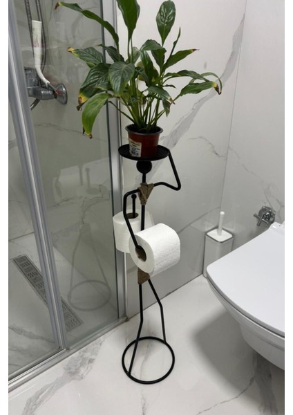 Insan Figürlü Siyah Dekoratif Tuvalet Kağıdı Askısı ve Raflı Banyo Düzeni