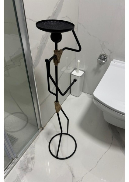 Insan Figürlü Siyah Dekoratif Tuvalet Kağıdı Askısı ve Raflı Banyo Düzeni