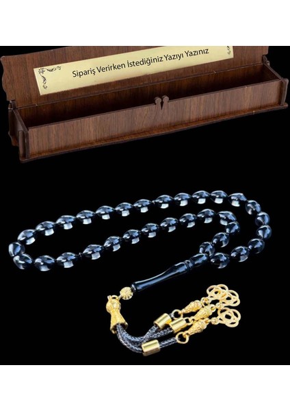 Siyah Sürmeli Toz Kehribar Tesbih, Kehribar Hediyelik Ahşap Kutulu Tespih